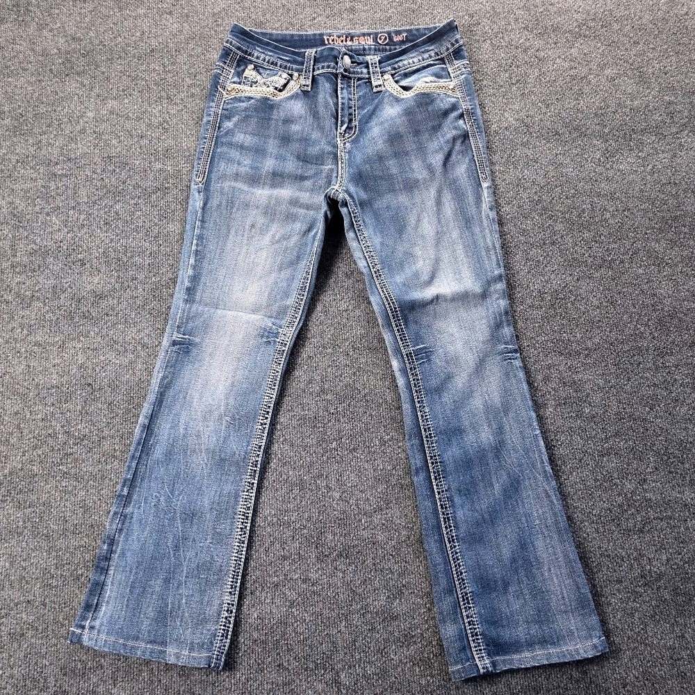 Rebel & Soul Womens Bootcut Jeans Size 7 Medium Wash Rhinestone Embellished Y2K